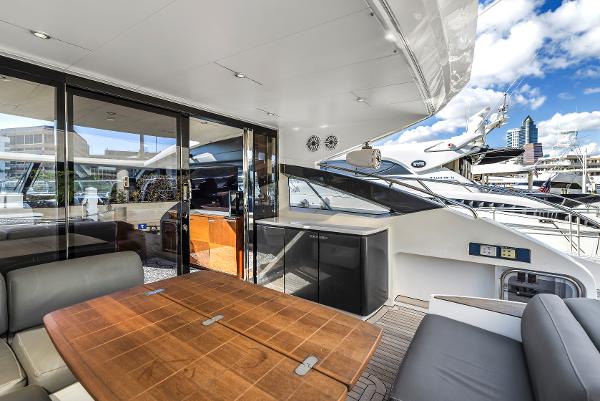 Luxurious interior of Princess V57 yacht, 2013 model, docked at marina.
