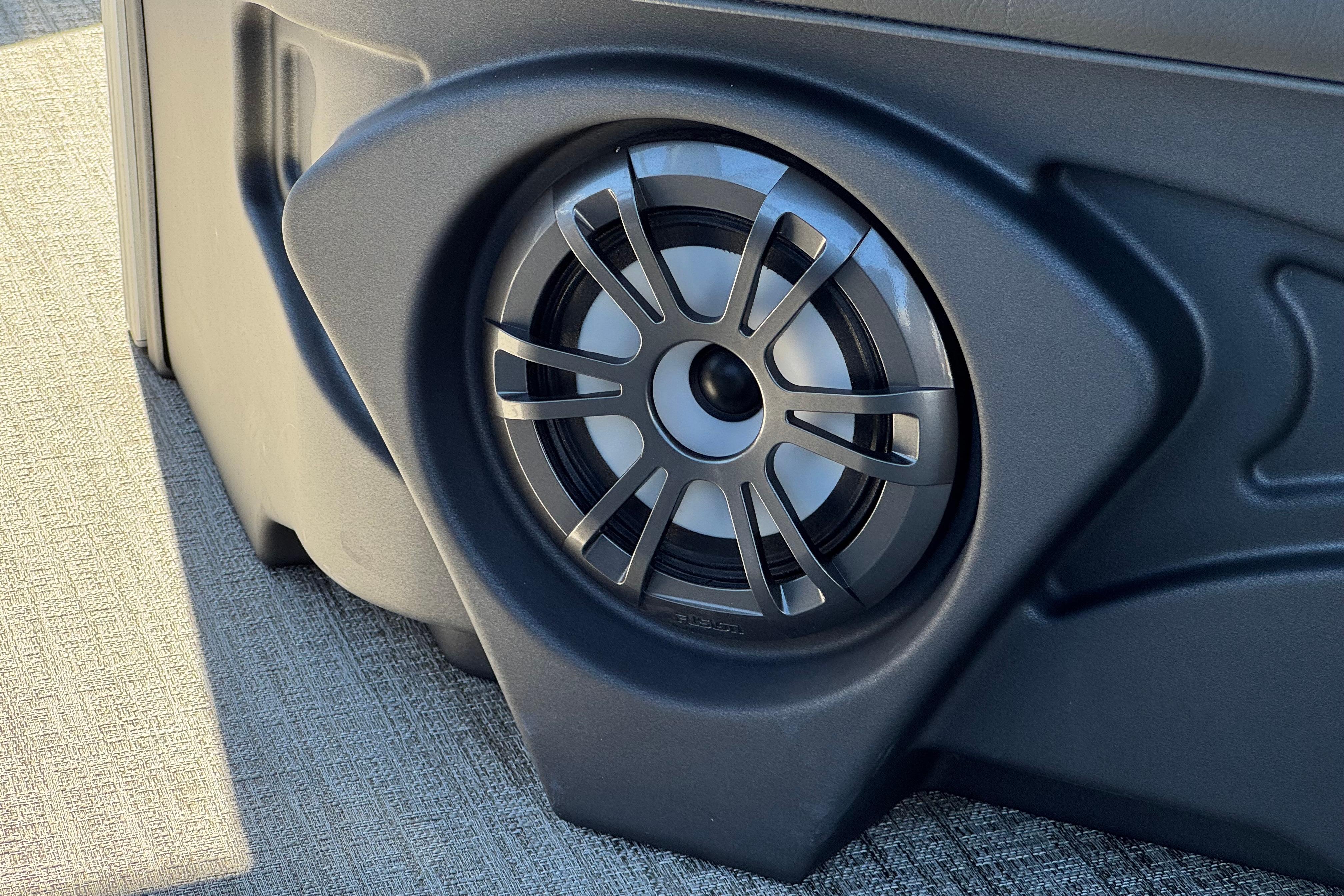 Close-up of a speaker on a 2023 Avalon Venture Fish N Cruise boat.