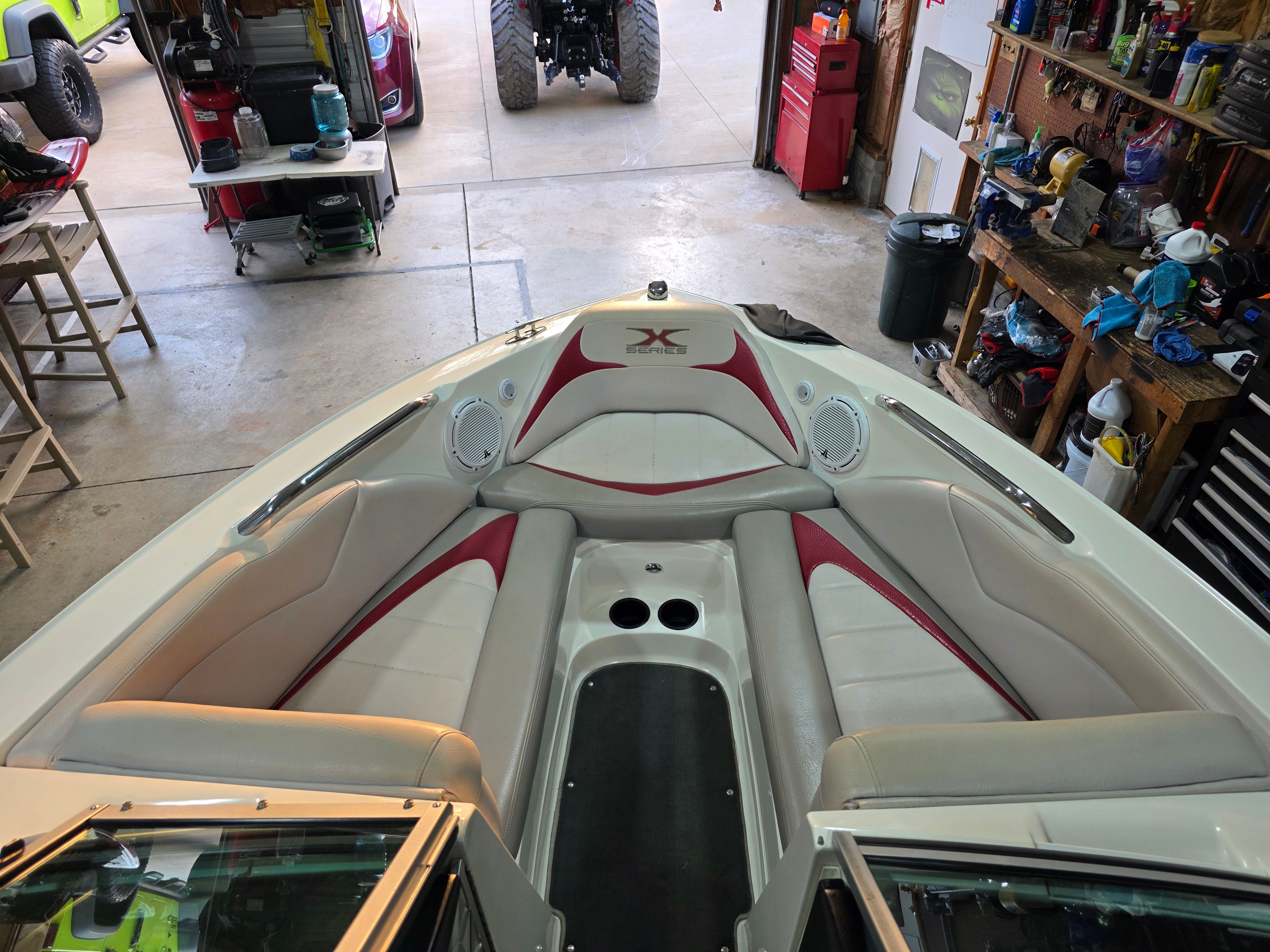 2007 MasterCraft X-15 boat interior in a garage.