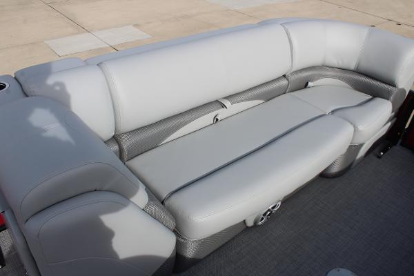 2025 Regency 230 DL3 boat interior with plush gray seating.