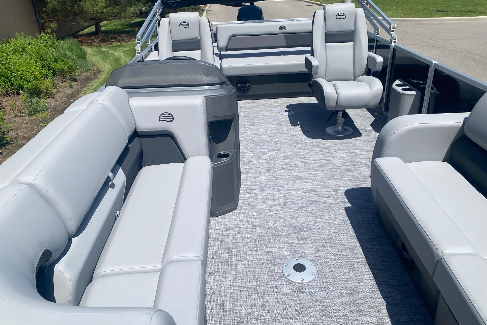 2026 Sun Tracker Party Barge 22 RF DLX interior with spacious seating and modern design.