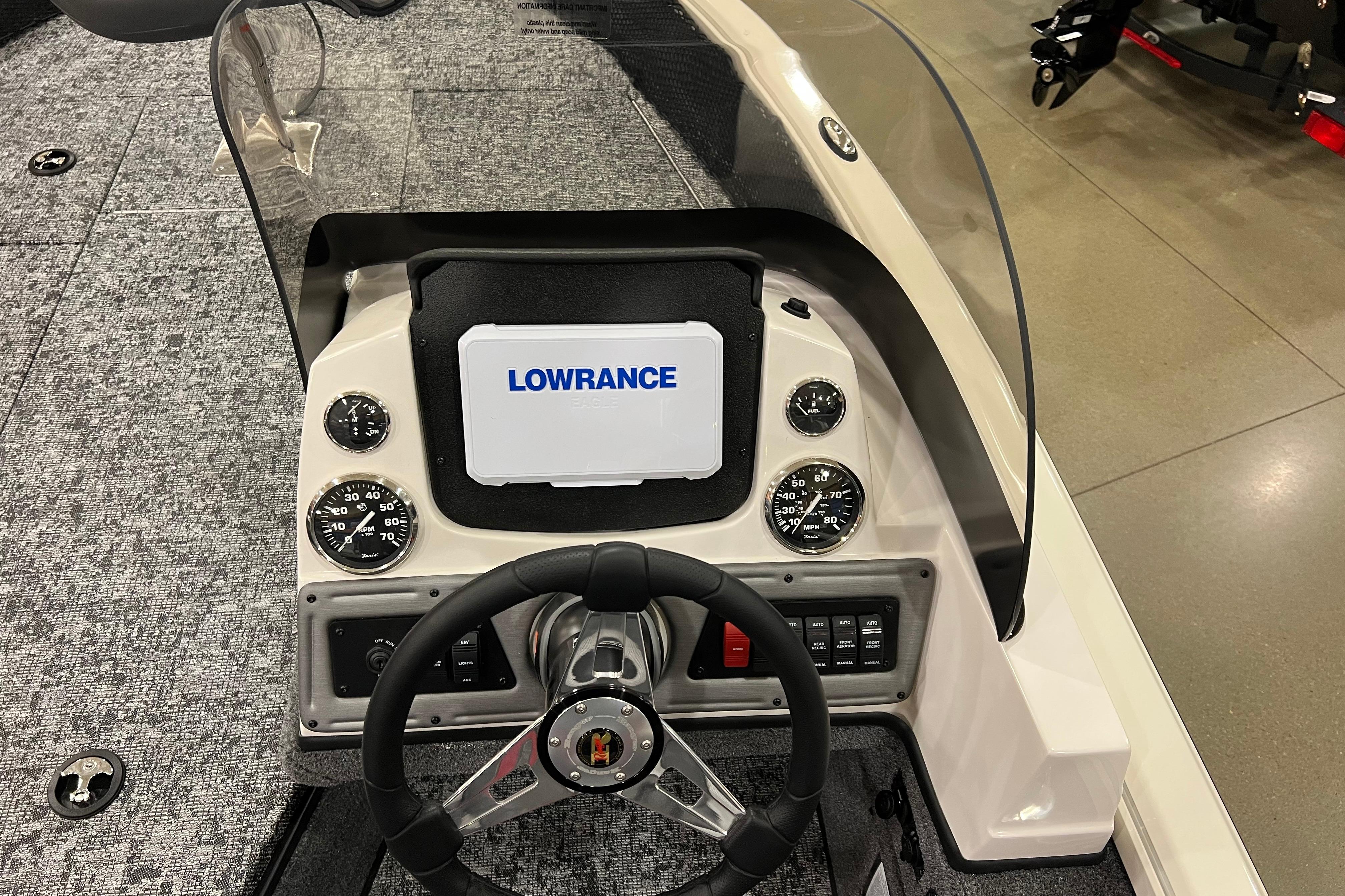 2026 Ranger VS1682SC Angler boat dashboard with Lowrance display and steering wheel.