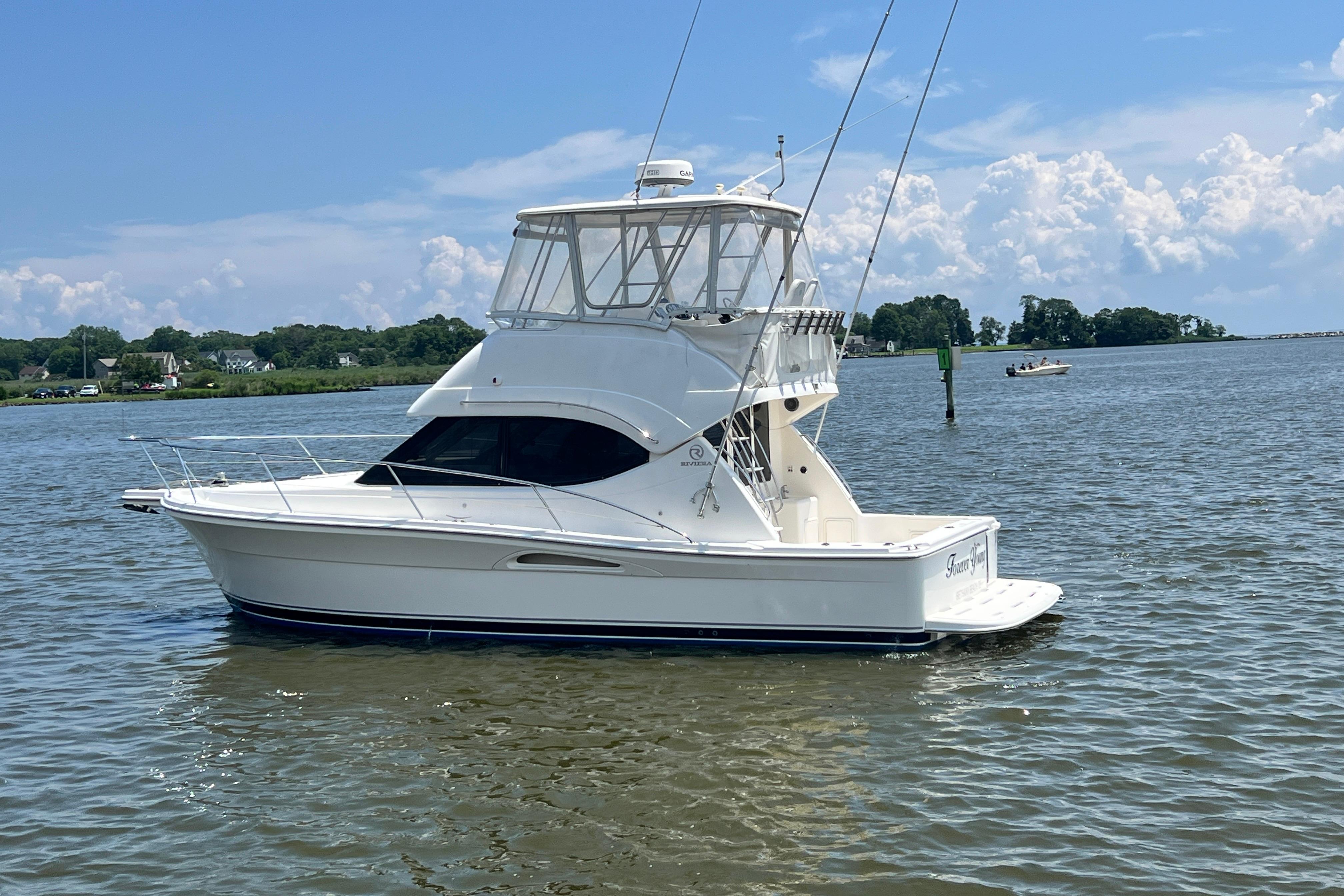 2007 Riviera 33 Flybridge yacht on calm water under a clear sky.