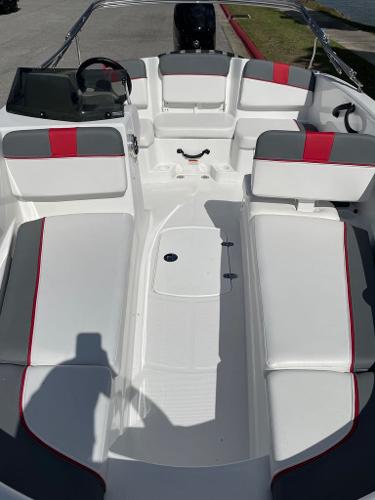 2024 Tahoe T16 boat interior with white and red seating.