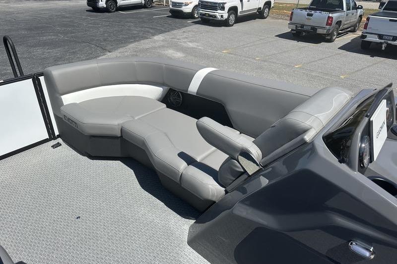 2026 Evotti 523QL boat interior with gray seating in a parking lot.