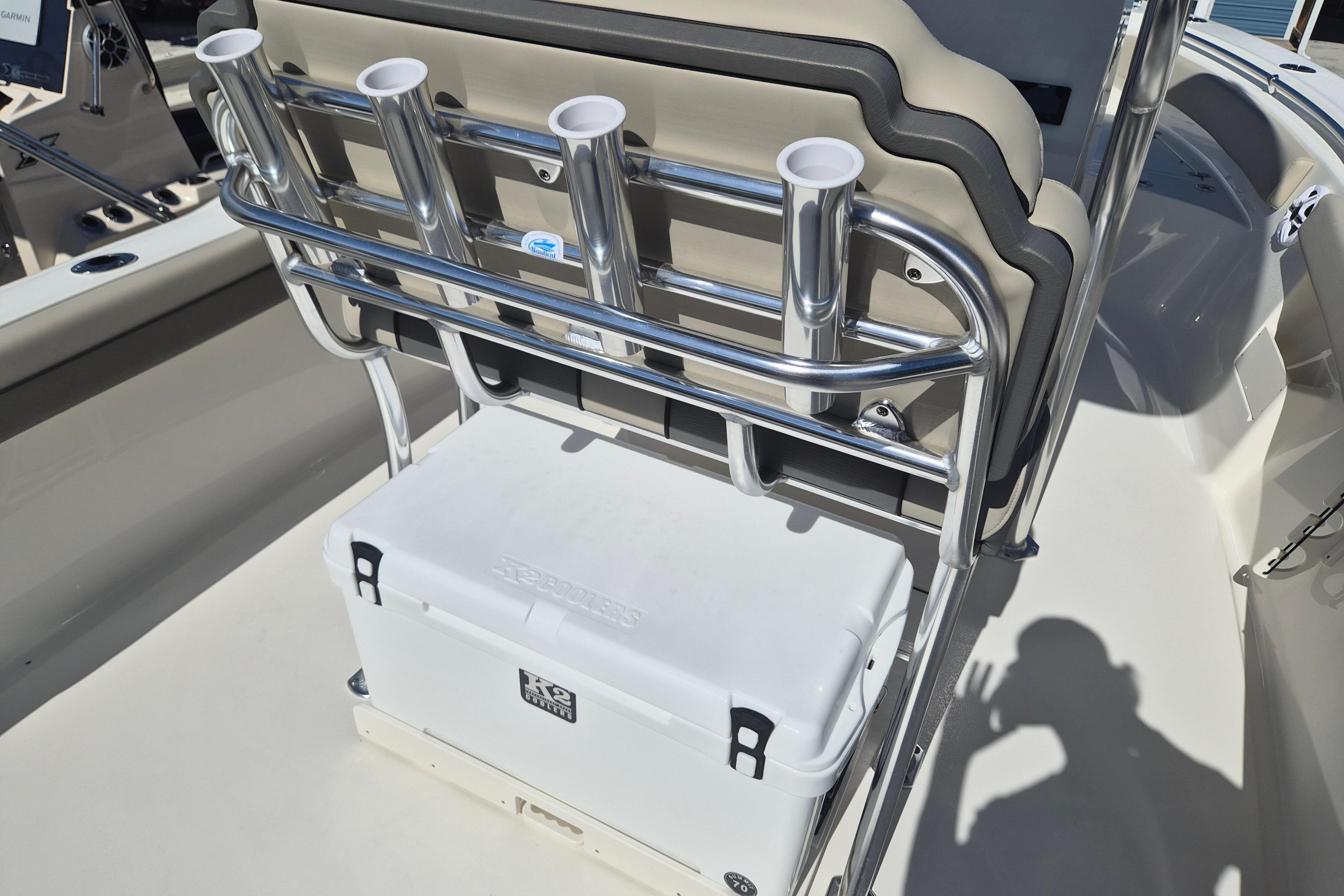 2026 Key West 239 FS boat interior with rod holders and cooler.