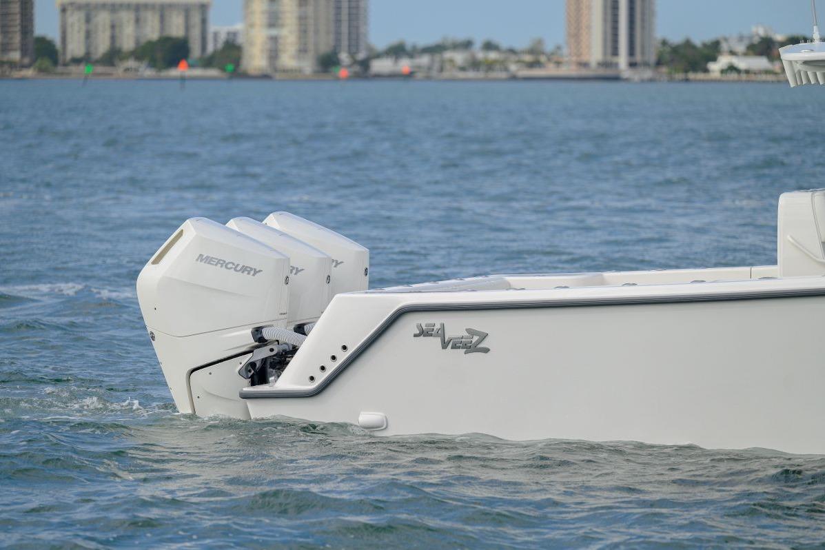 2024 SeaVee 370Z boat with Mercury engines on the water.