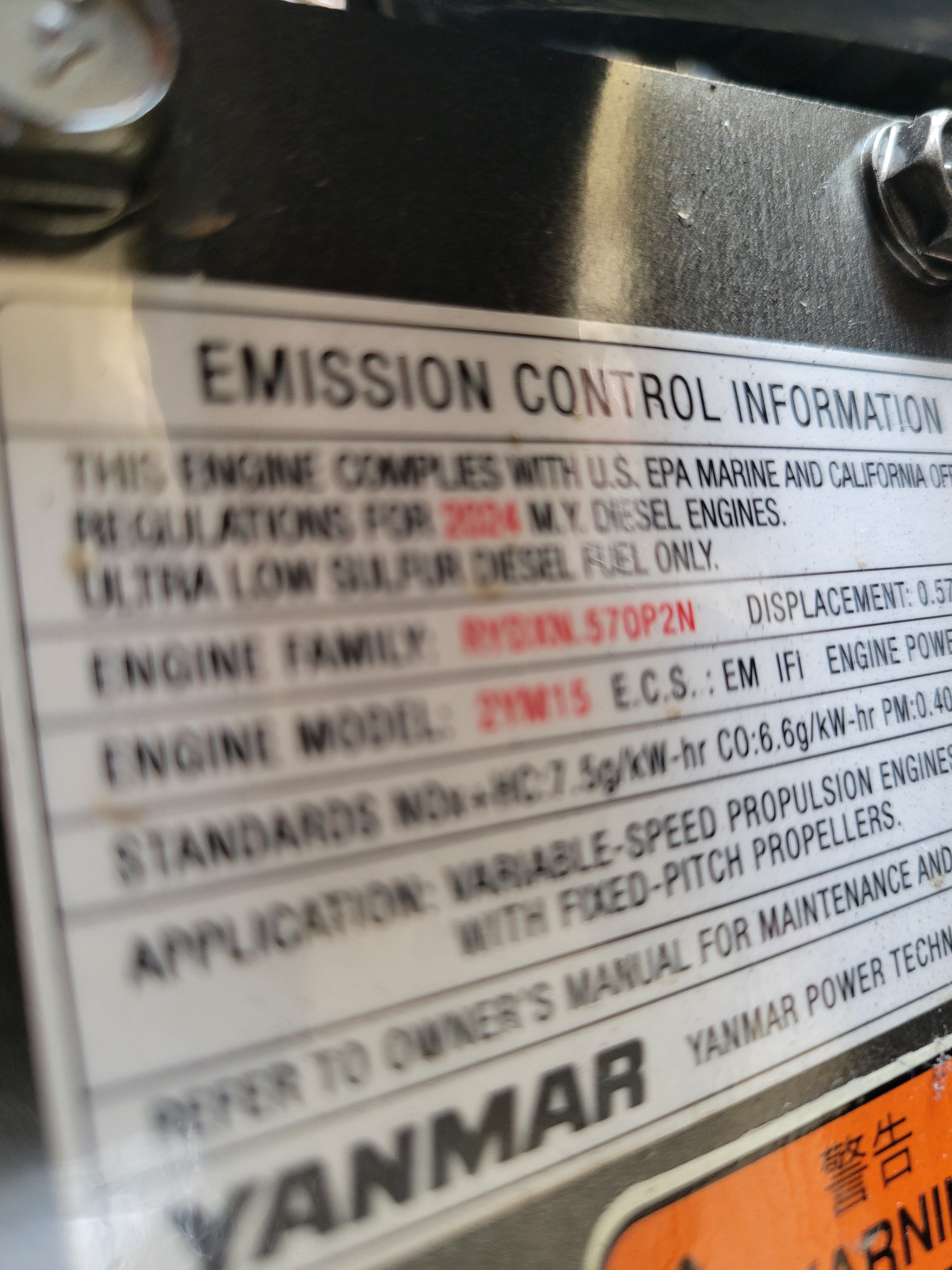 Yanmar emission control label on a Hake/Seaward 26 RK boat engine.
