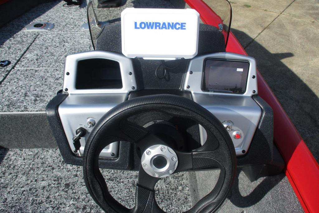 Steering console of 2026 Tracker Pro Team 175 boat with Lowrance electronics.
