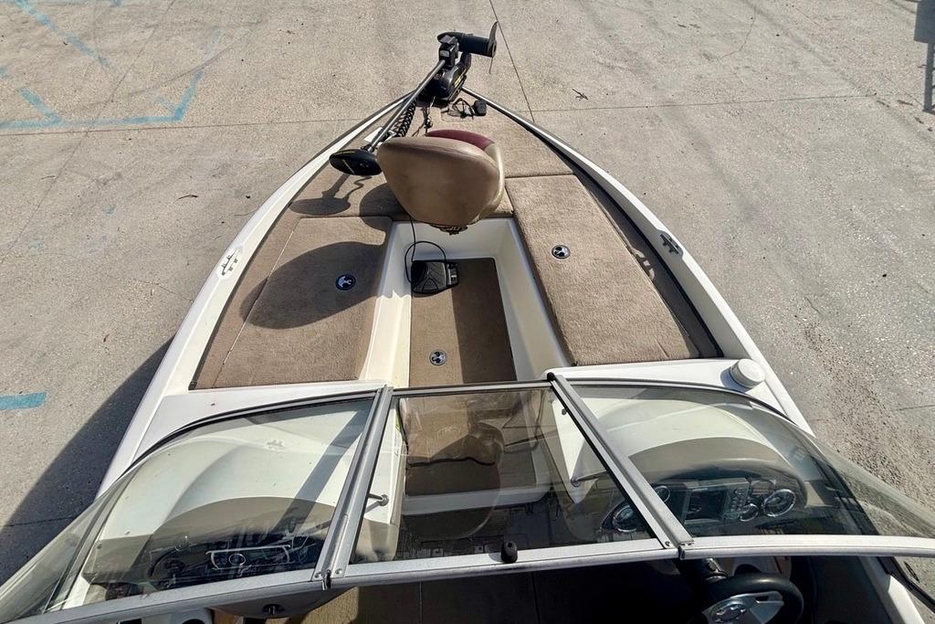 2008 Ranger 180 Reata boat interior with seating and control panel, viewed from above.