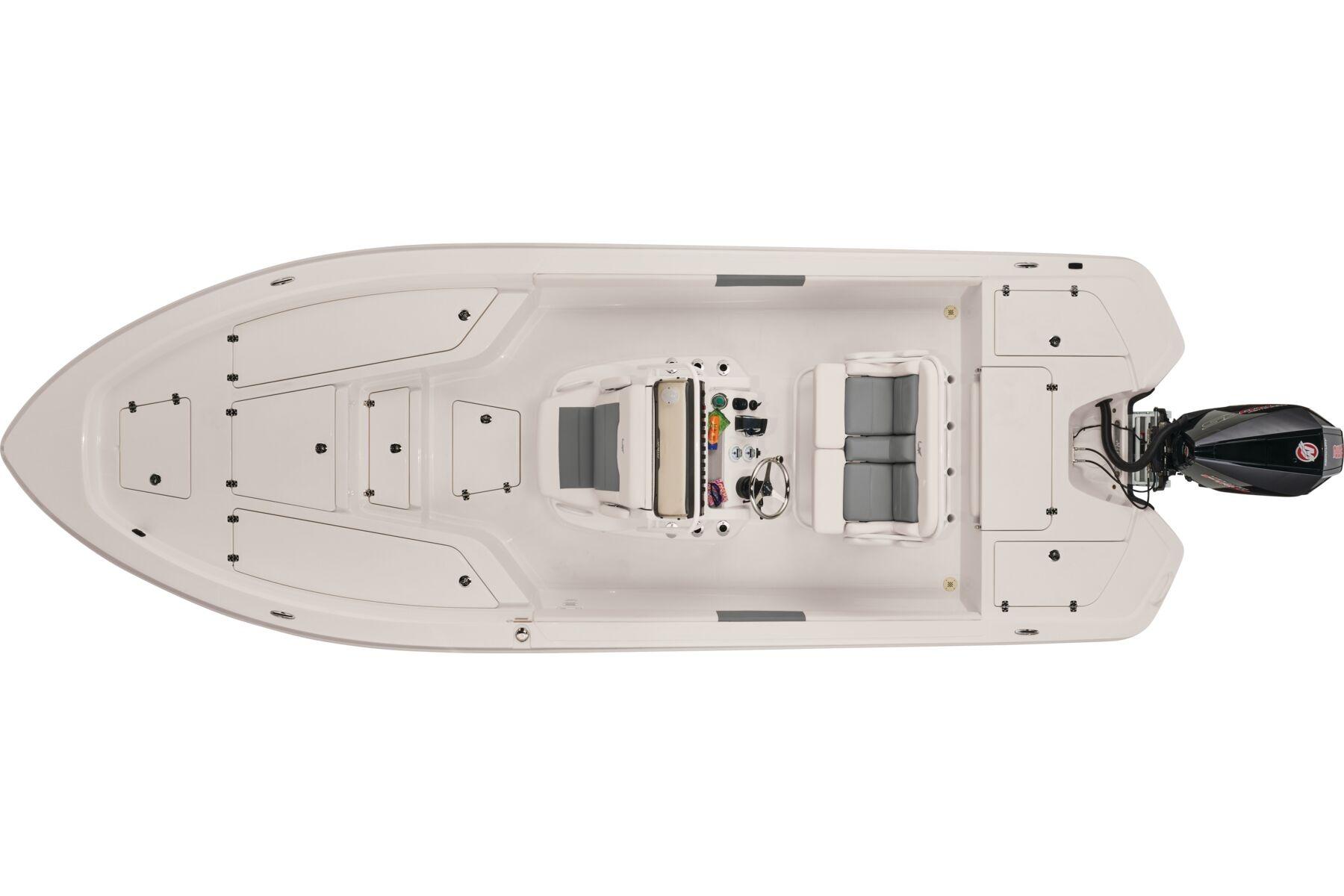 Top view of 2026 Mako 24 APEX boat, showcasing spacious deck and seating arrangement.