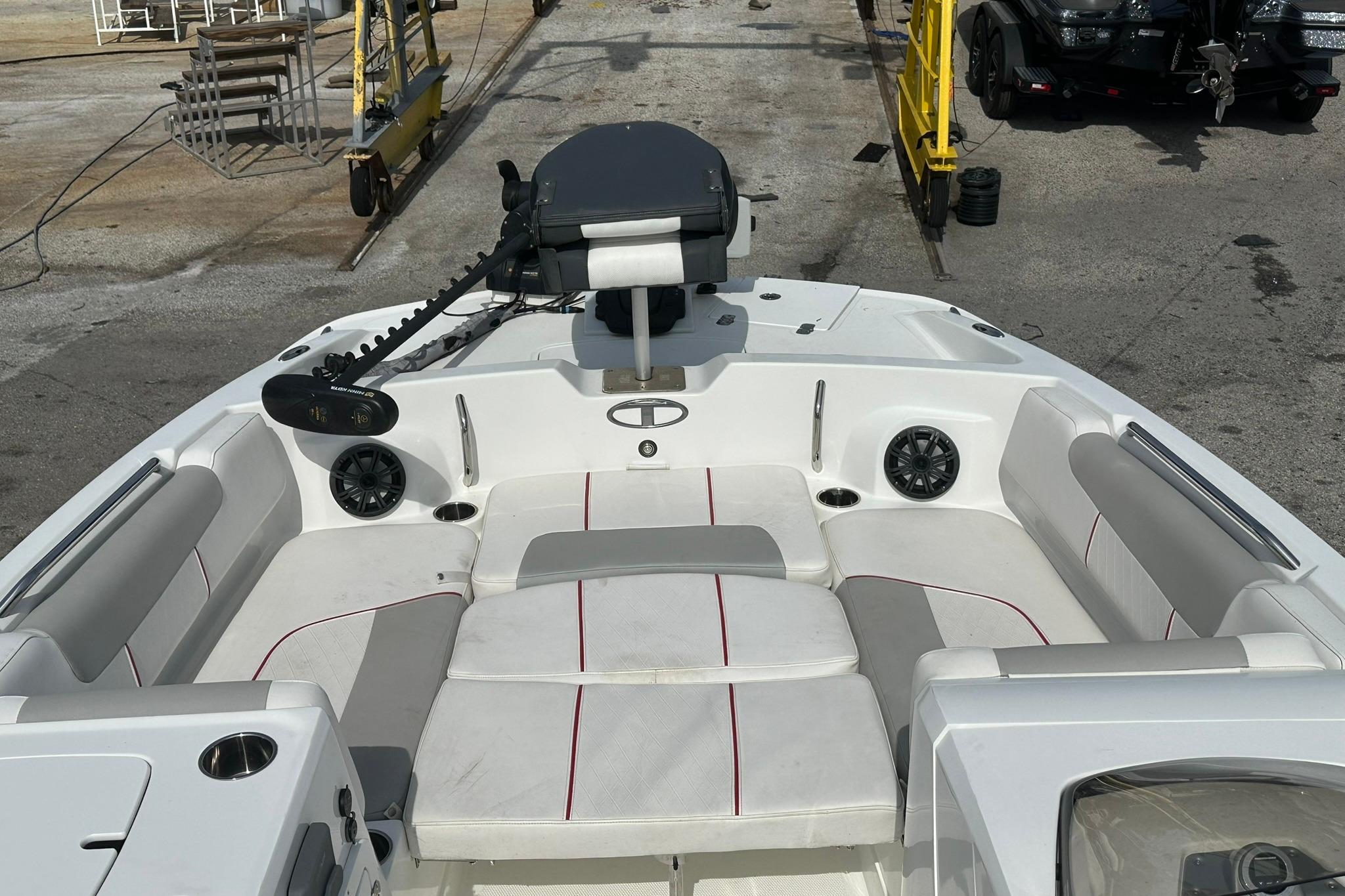 2021 Tahoe 2150 boat interior with cushioned seating and modern design.