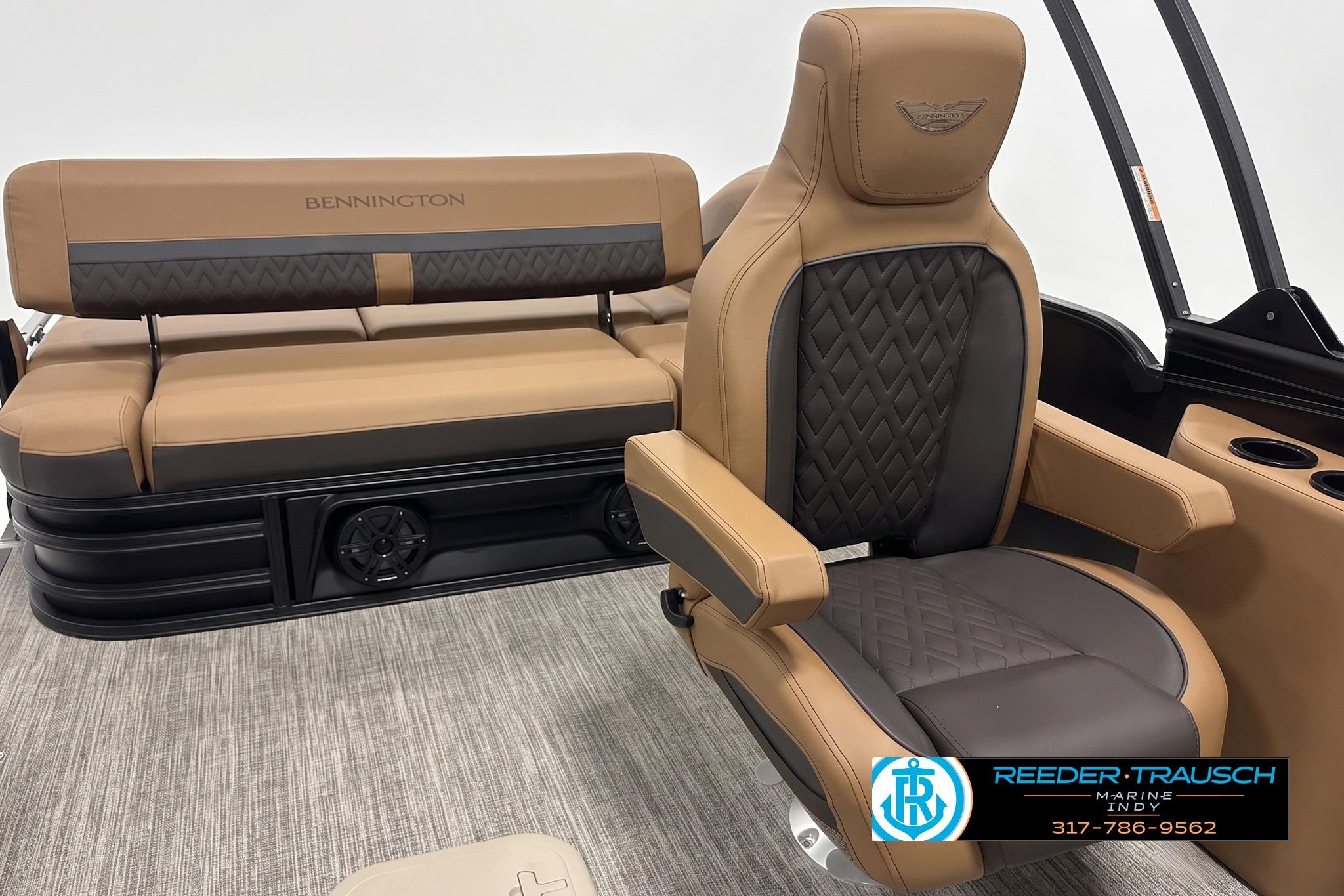 Luxurious interior of 2027 Bennington 24 MSB pontoon boat with premium seating.
