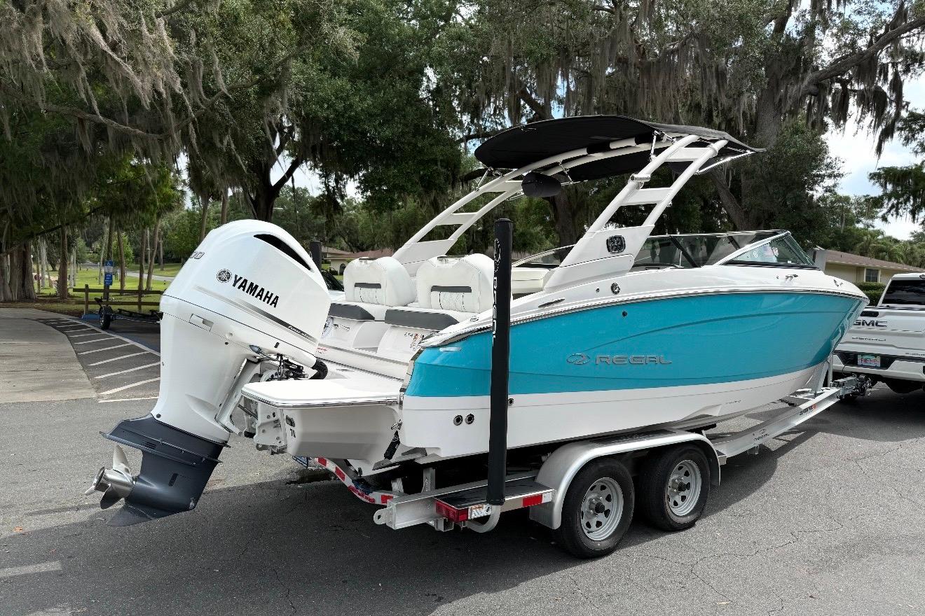 2020 Regal LX4 boat with Yamaha engine on trailer, parked in a scenic area.