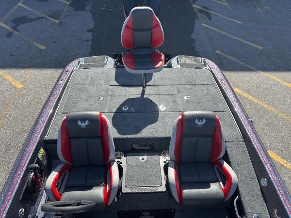 2025 Phoenix 920 Elite boat interior with red and gray seating, top view.