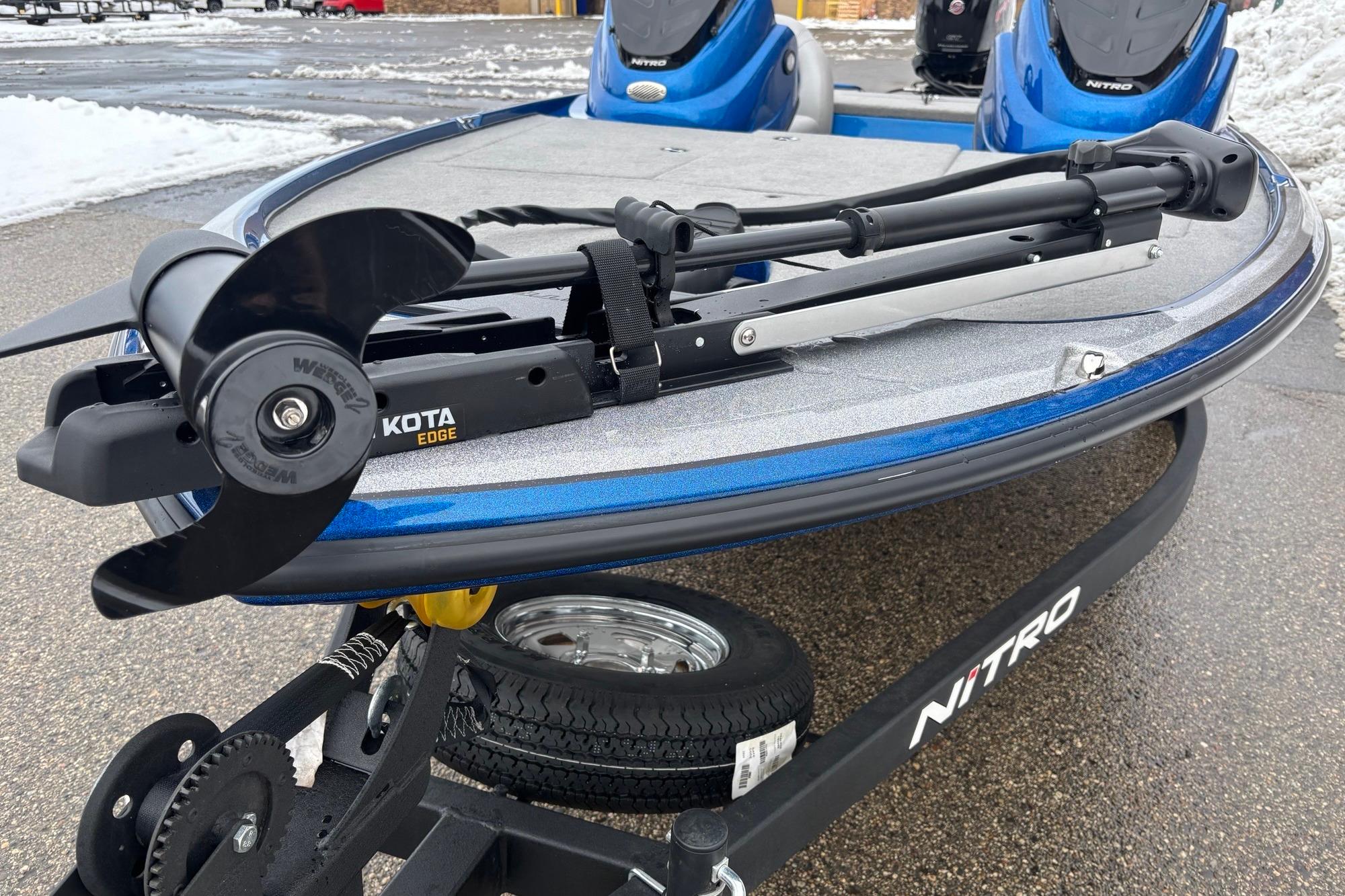 2026 Nitro Z17 boat with Minn Kota Edge trolling motor on a snowy day.