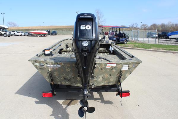2024 Tracker Grizzly 1754 SC boat with Mercury 60 outboard motor, rear view.