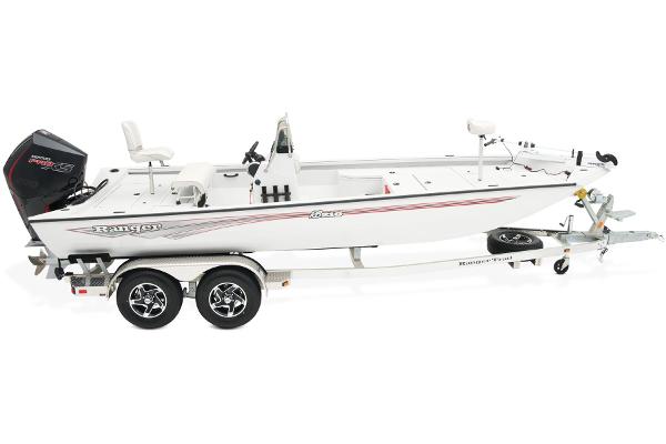 Manufacturer Provided Image: Manufacturer Provided Image: 2025 Ranger RB210 boat on trailer, side view, white with red accents.