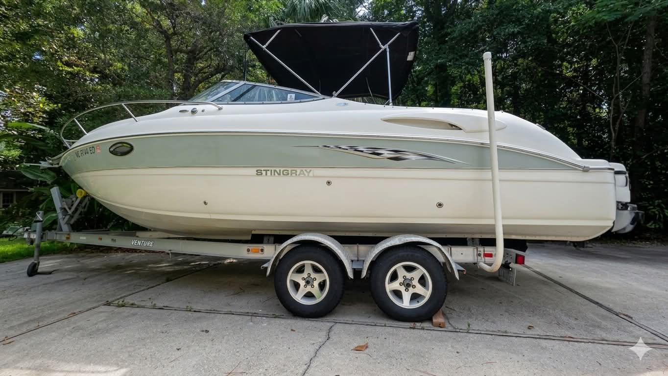 A 2006 Stingray 250 CR on a trailer, parked on a driveway, surrounded by trees.