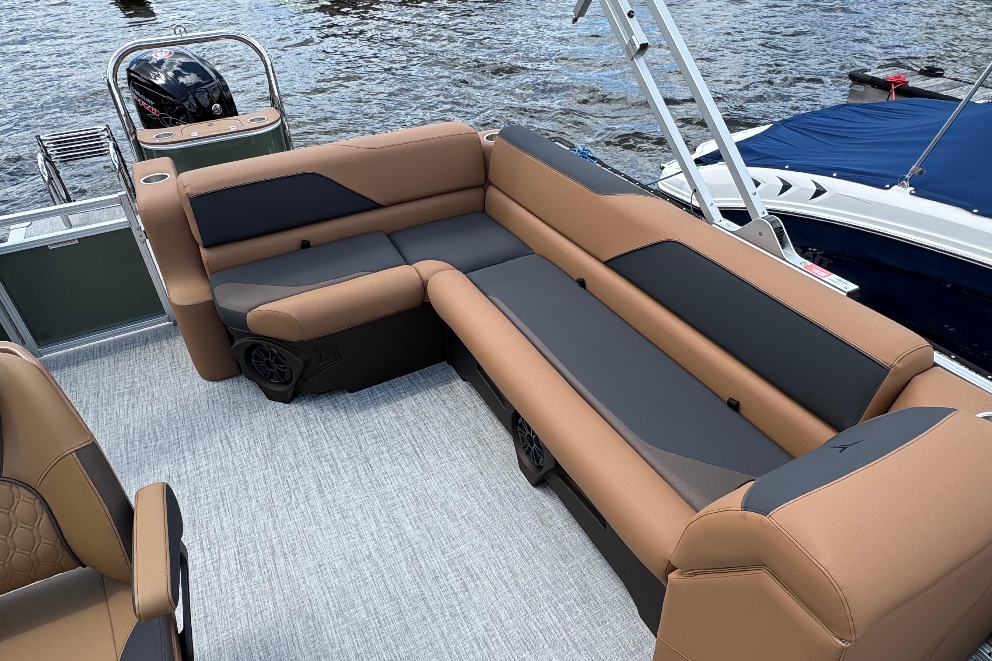 2026 Tahoe Pontoon Sport 85 Cruise Rear Bench 23 with luxurious seating on water.