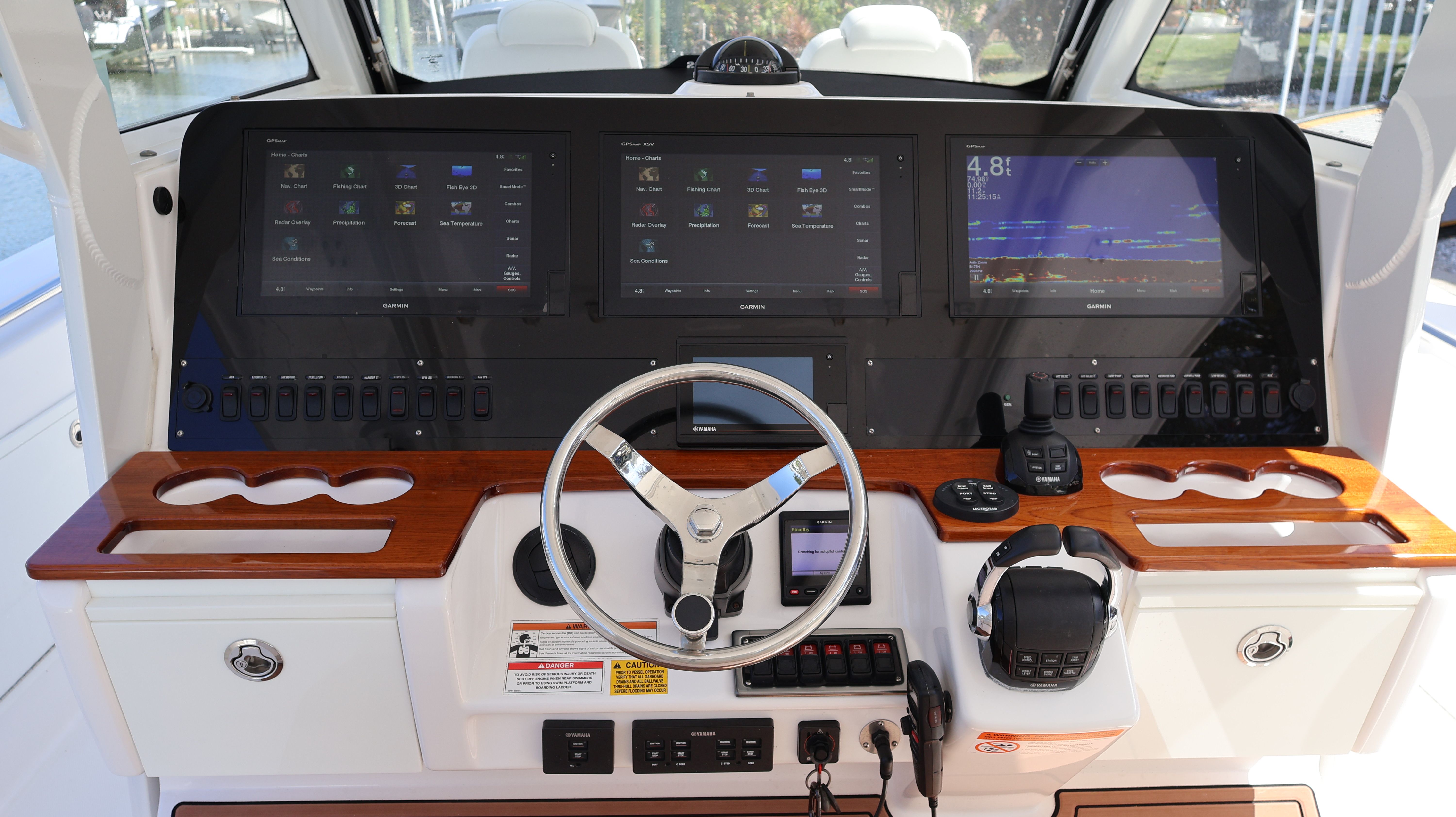 2019 Everglades 435 Center Console helm with advanced displays.