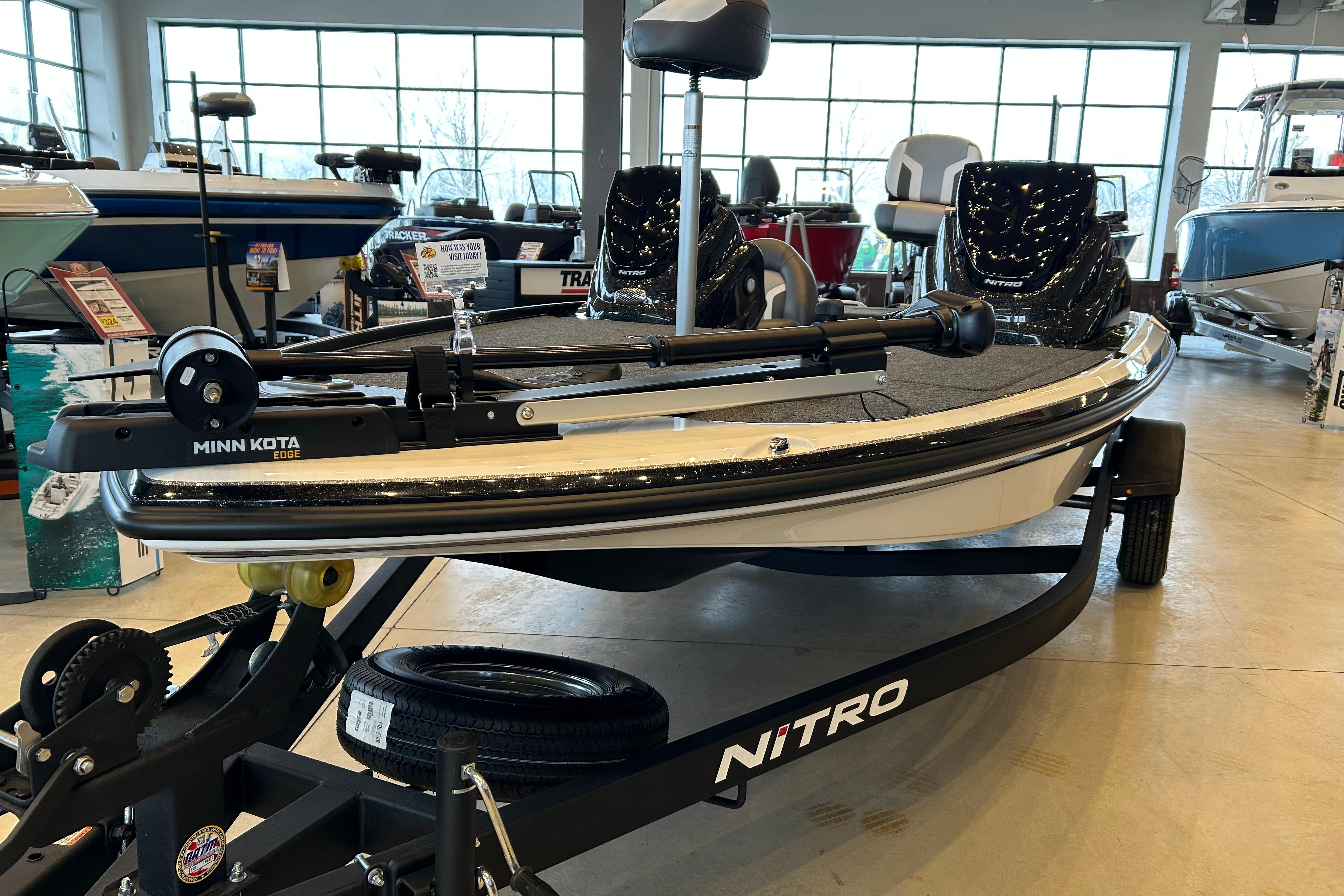 2026 Nitro Z17 boat displayed in showroom with Minn Kota Edge trolling motor.