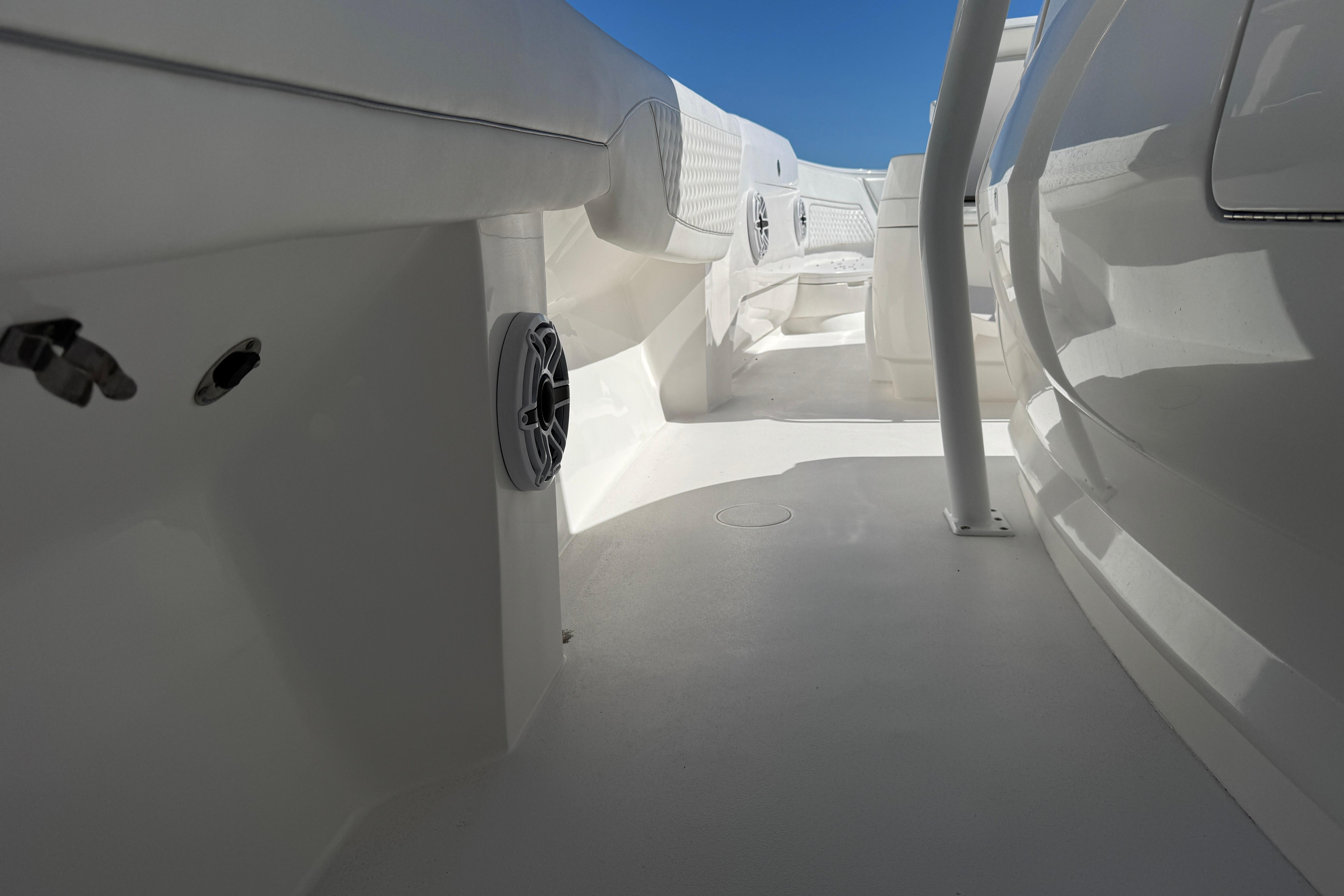 2024 Intrepid 407 Nomad FE boat interior with sleek white design and modern features.