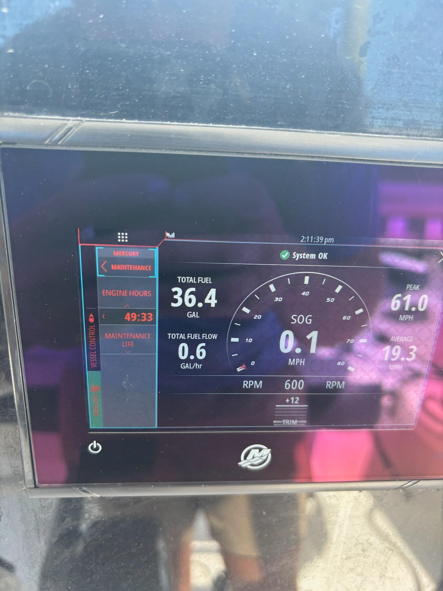 Dashboard of 2023 Tidewater 2500CB showing fuel, speed, and maintenance data.