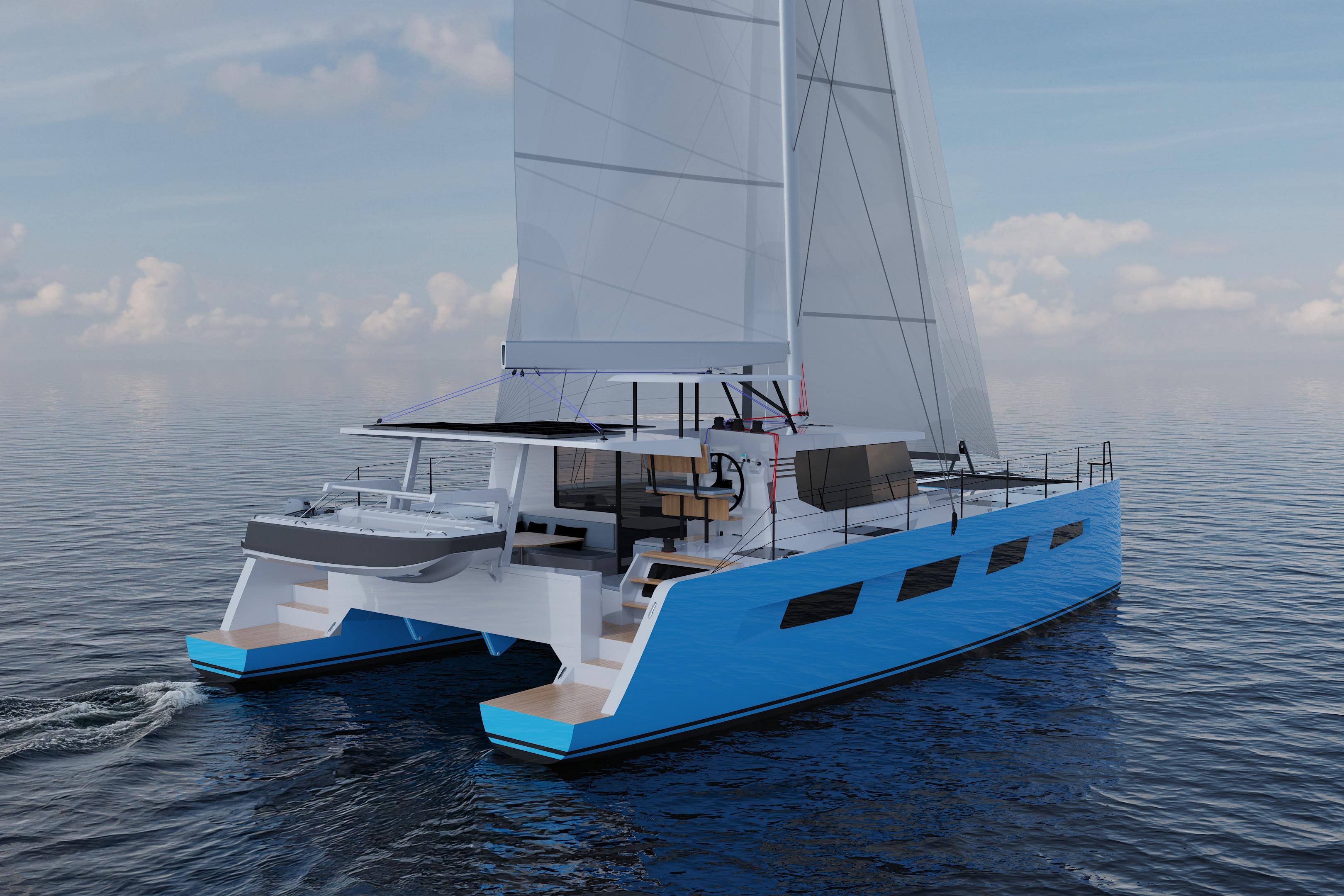 Modern Vision 484 catamaran sailing on calm ocean, 2026 model, featuring sleek design and spacious deck.