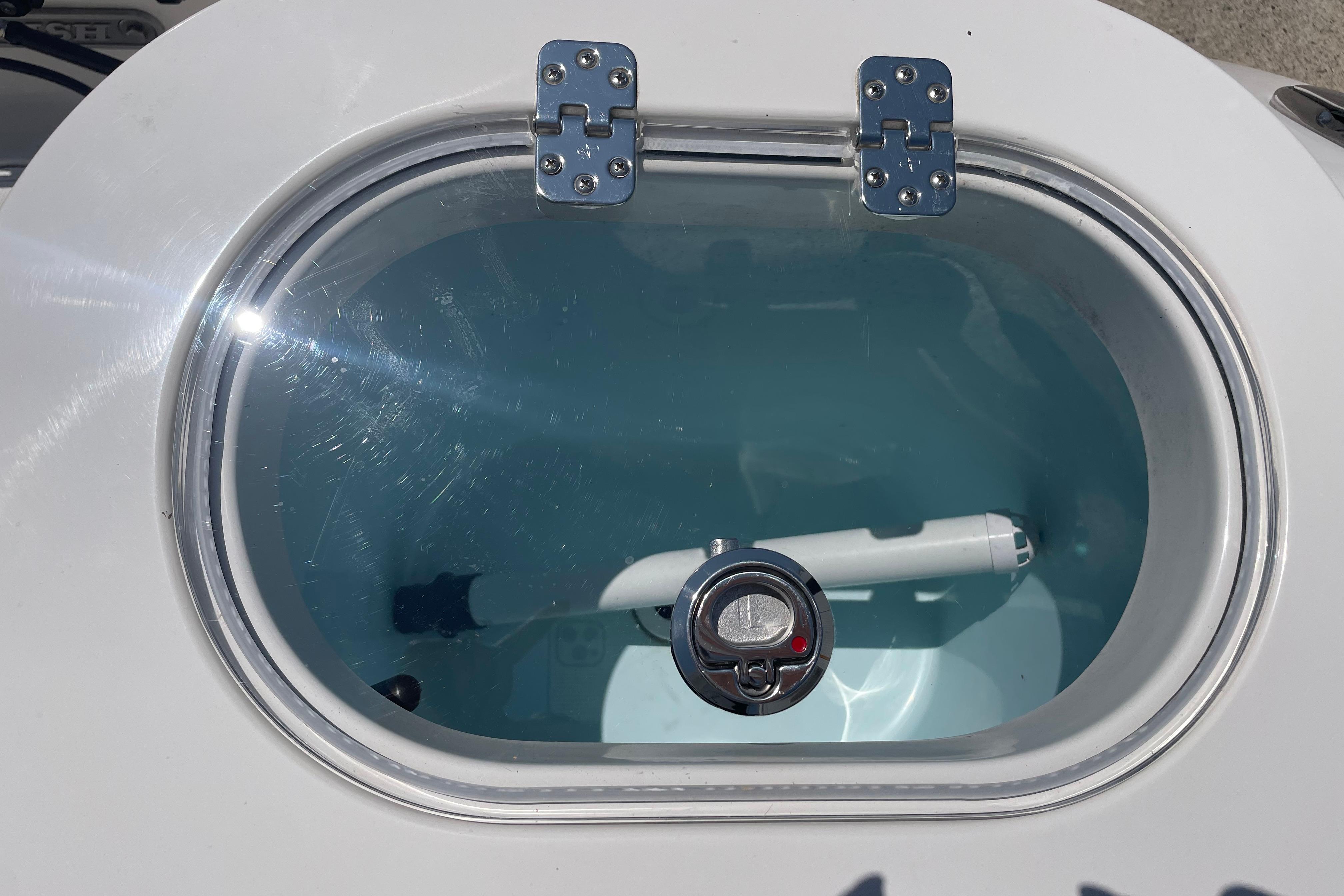 Livewell on 2022 Sailfish 245 DC boat, featuring a clear lid and water circulation system.