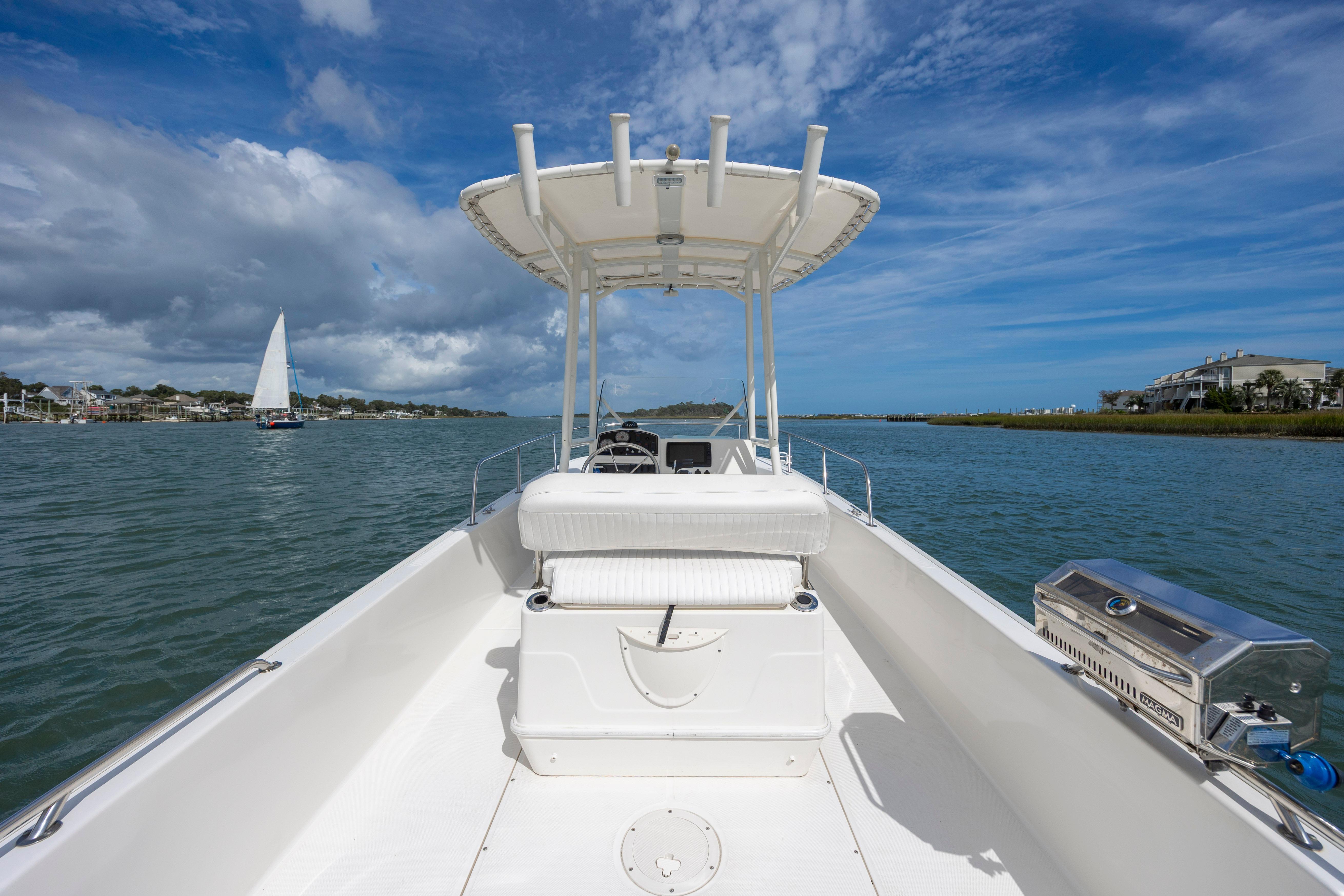 2018 Boston Whaler 210 Montauk boat on calm water under blue sky.