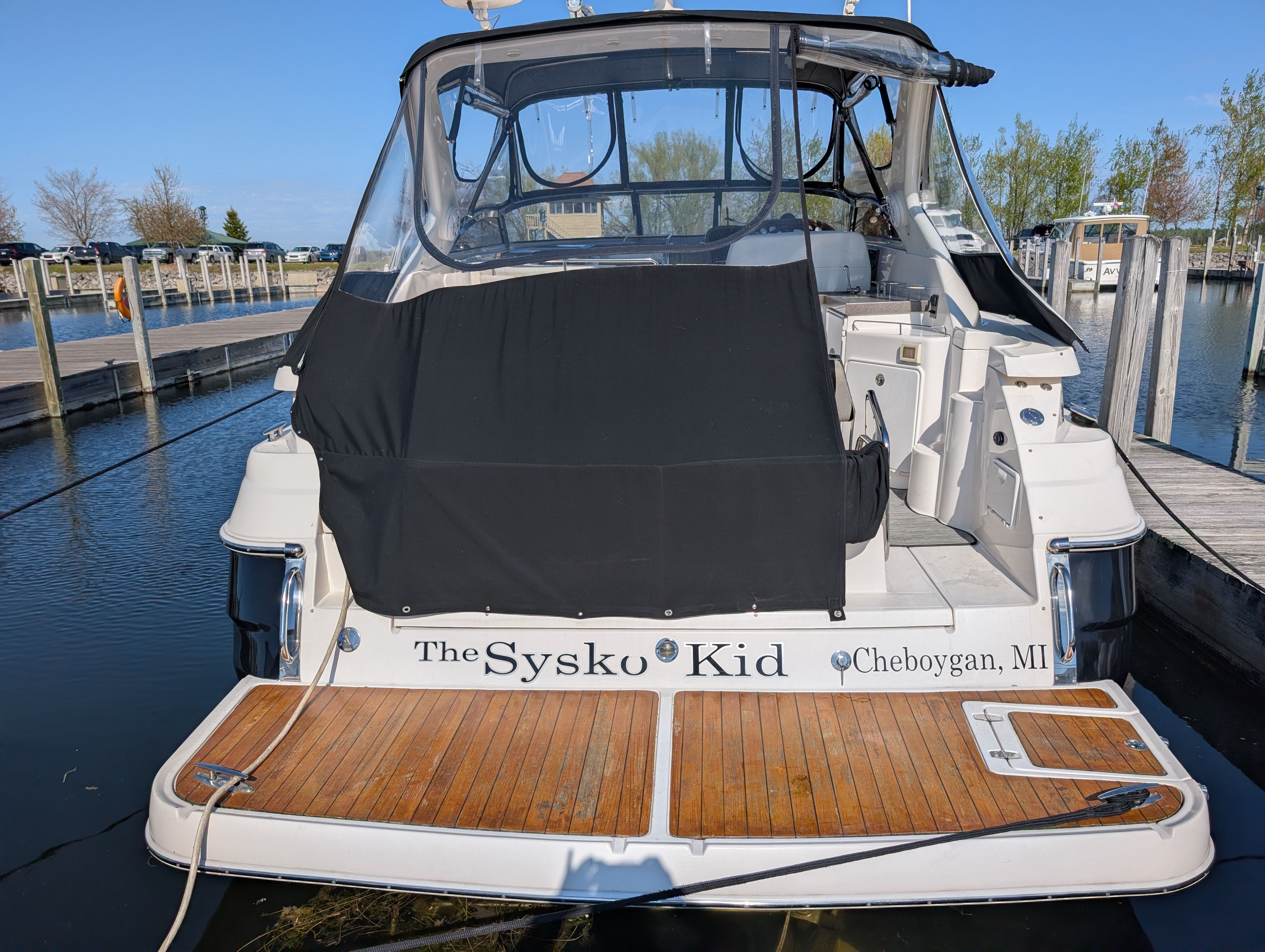Regal Commodore 3560 boat docked in Cheboygan, 2005 model.