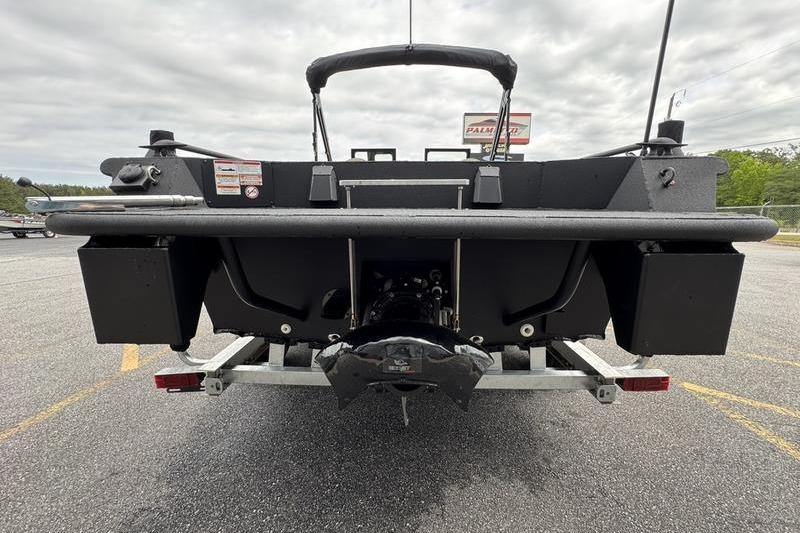 Rear view of 2026 SeaArk Predator 300 AK boat on trailer.