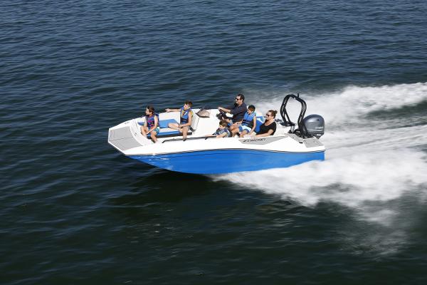 2025 Starcraft SV 16 OB boat cruising on open water with passengers.