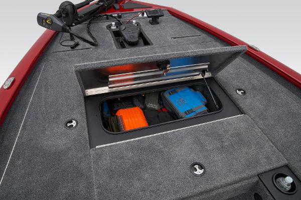 Manufacturer Provided Image: 2025 Tracker Pro Team 195 Tournament Edition boat storage compartment with organized gear.