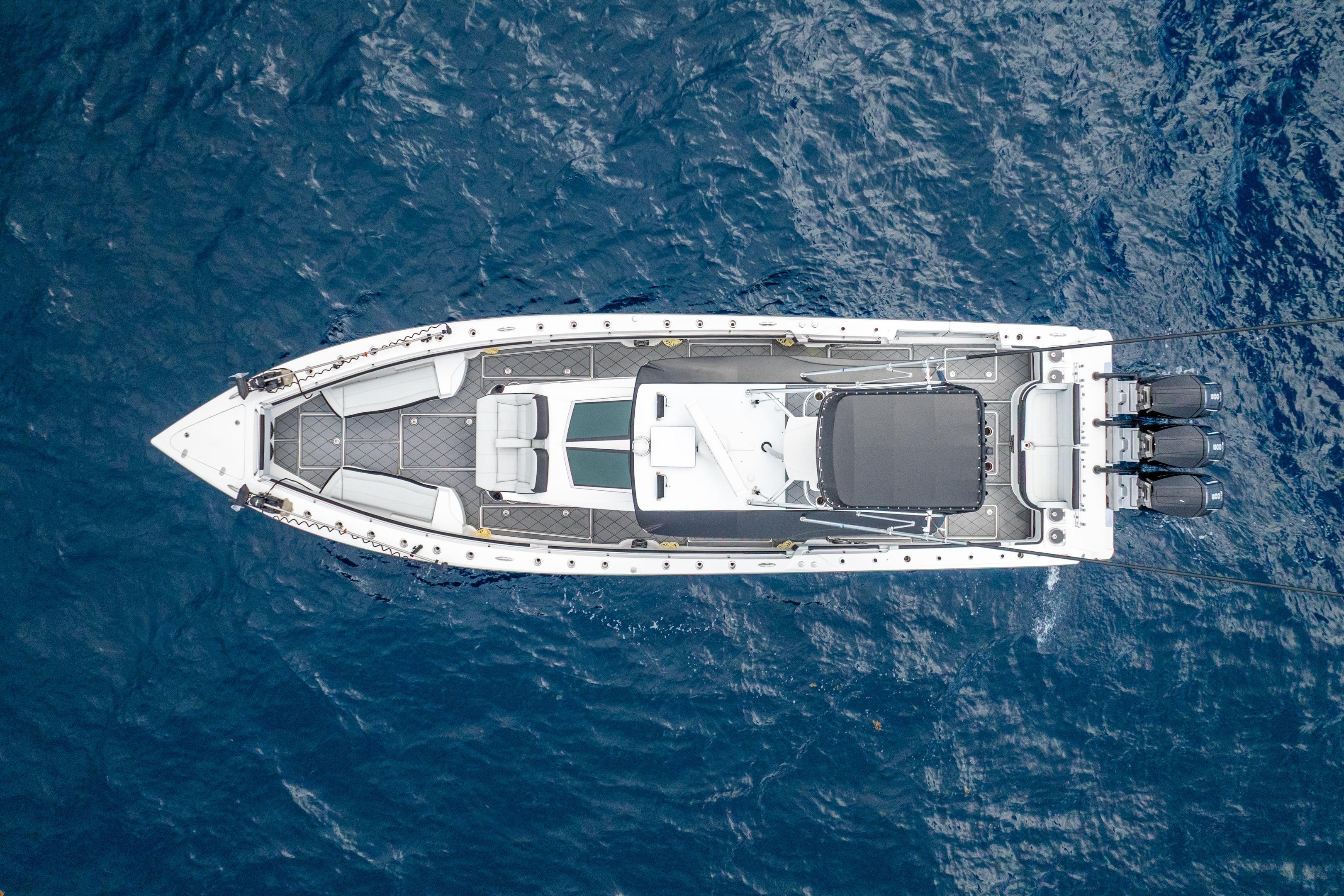 Aerial view of 2024 Nor-Tech 452 Super Fish boat on open water.