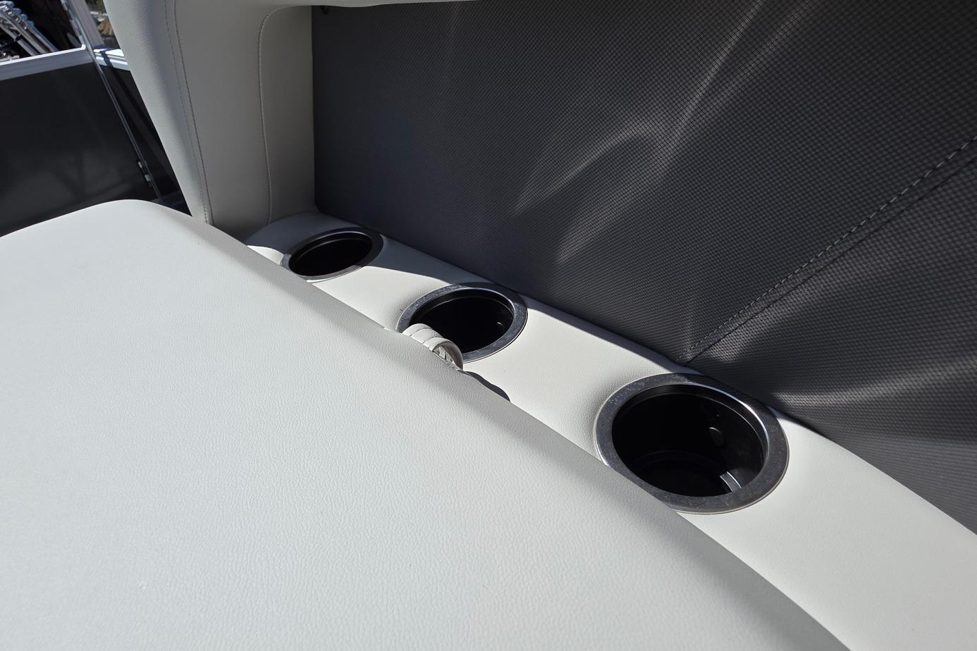 2026 Sun Tracker BB 16 XLS boat interior with cup holders and sleek seating design.