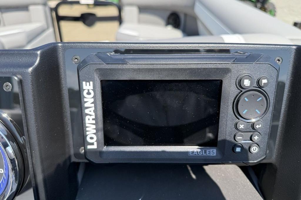 Lowrance Eagle 5 display on 2026 Premier 220 Sunscape RF boat dashboard.