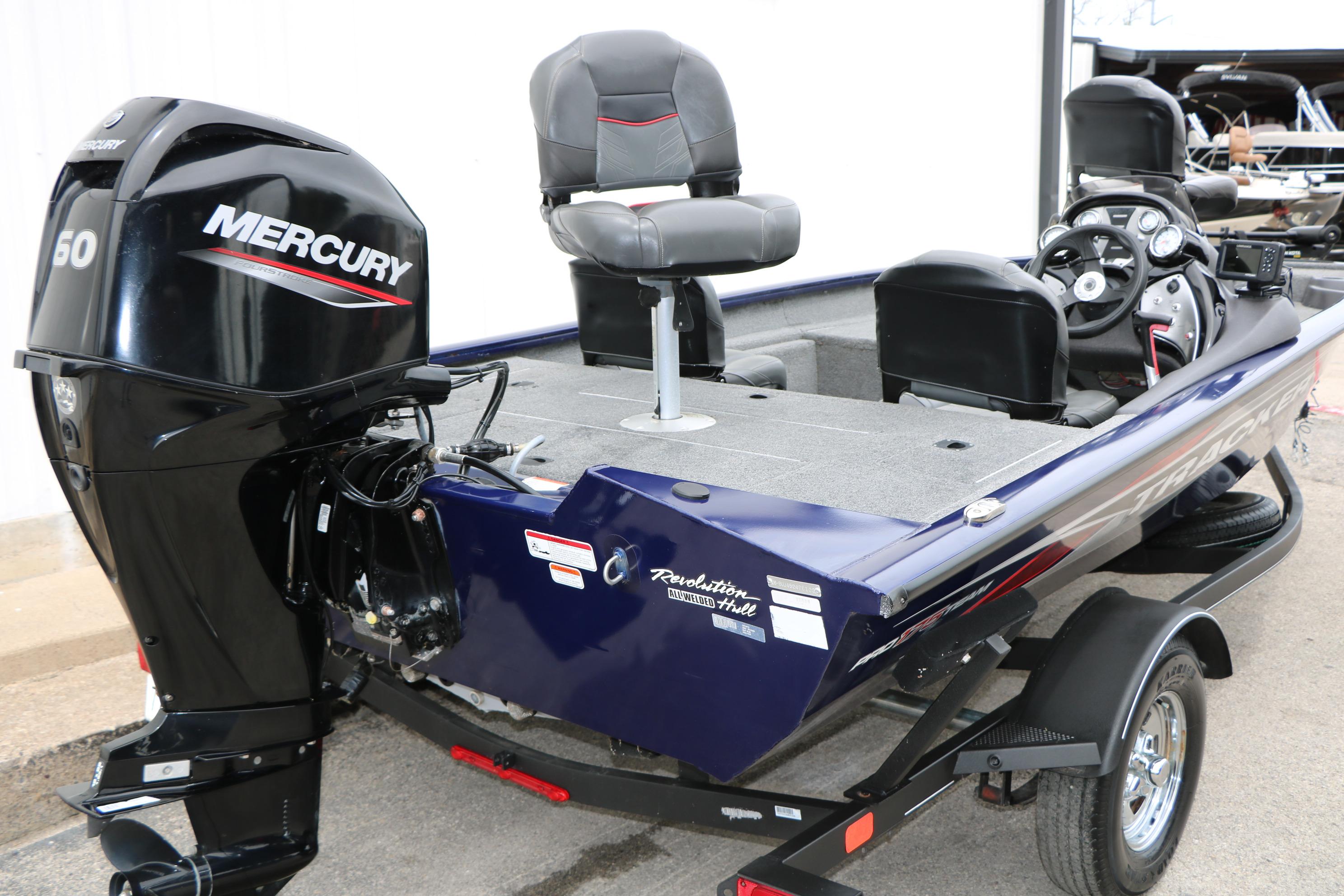 2022 Tracker Pro Team 175 TF boat with Mercury 60 engine, rear view.