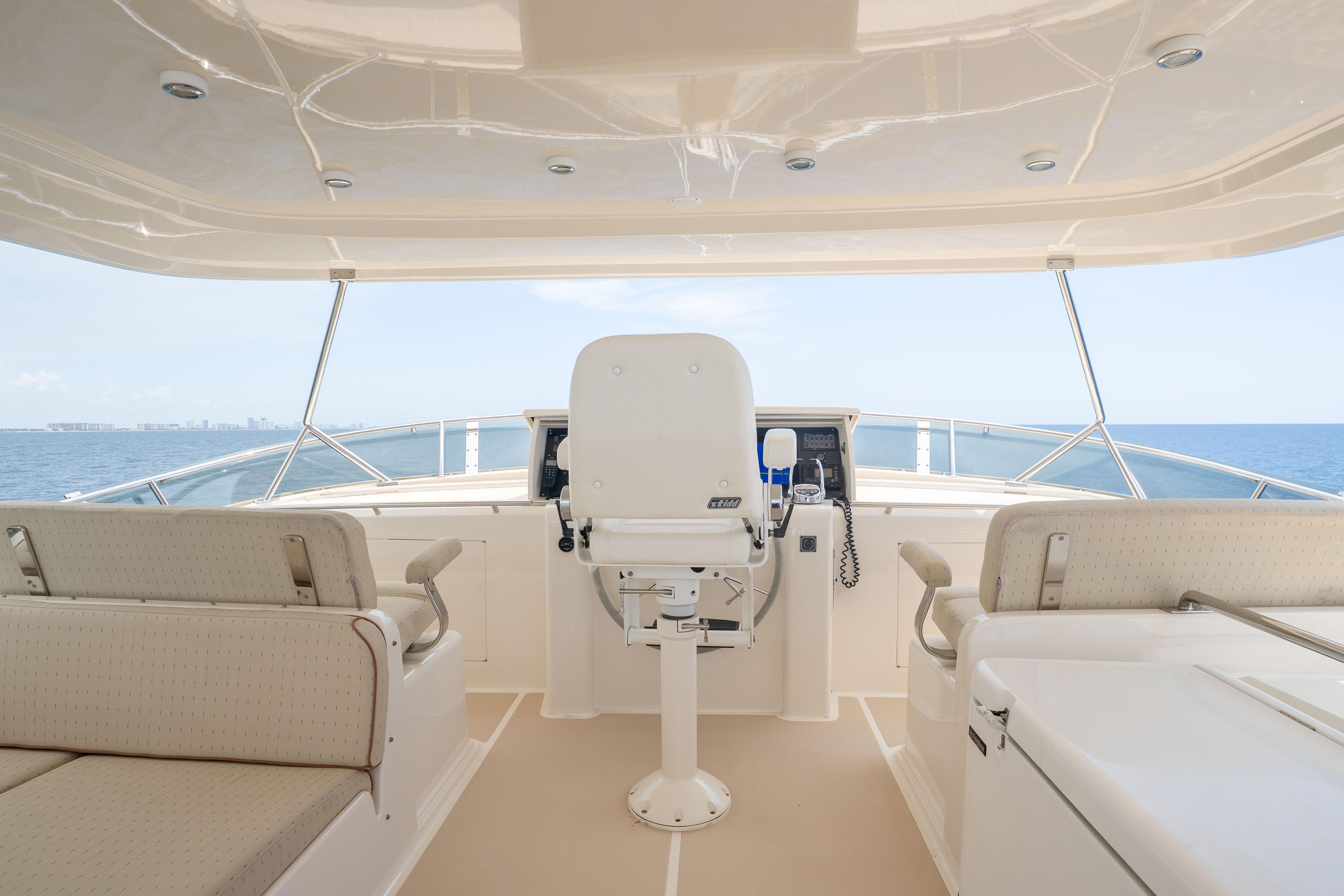 Flybridge of 2006 Fleming 75 yacht with helm seat and ocean view.