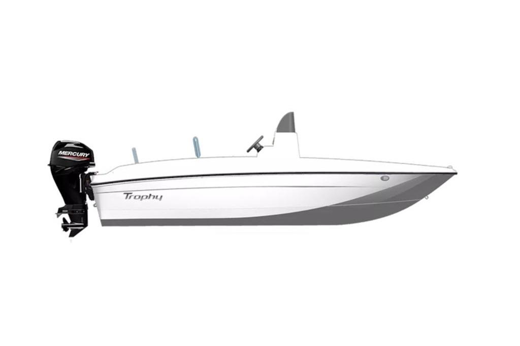 2026 Bayliner Trophy T18 boat with Mercury outboard motor, side view.