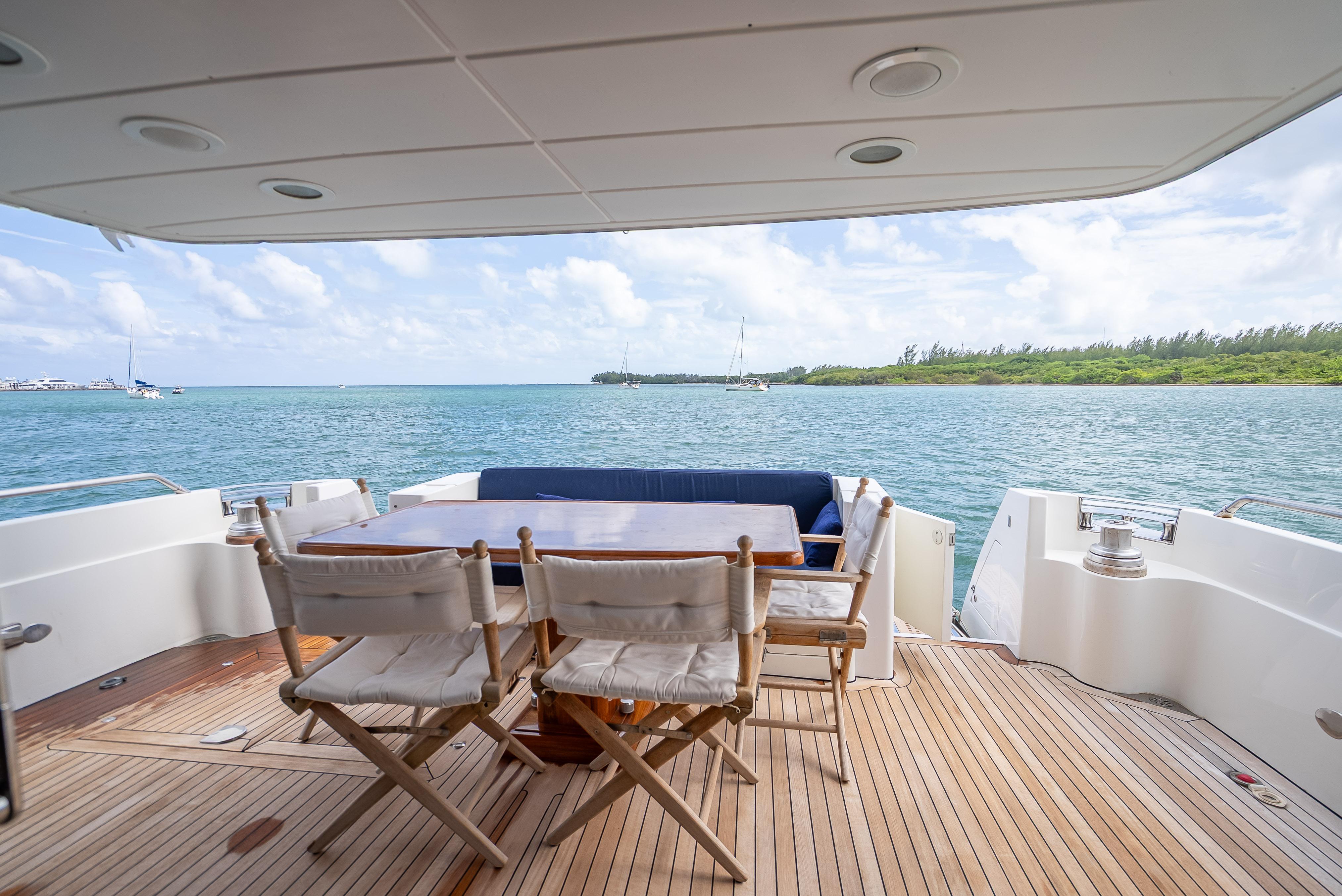 Deck view of 1995 Sanlorenzo 62 yacht with ocean and sky backdrop.