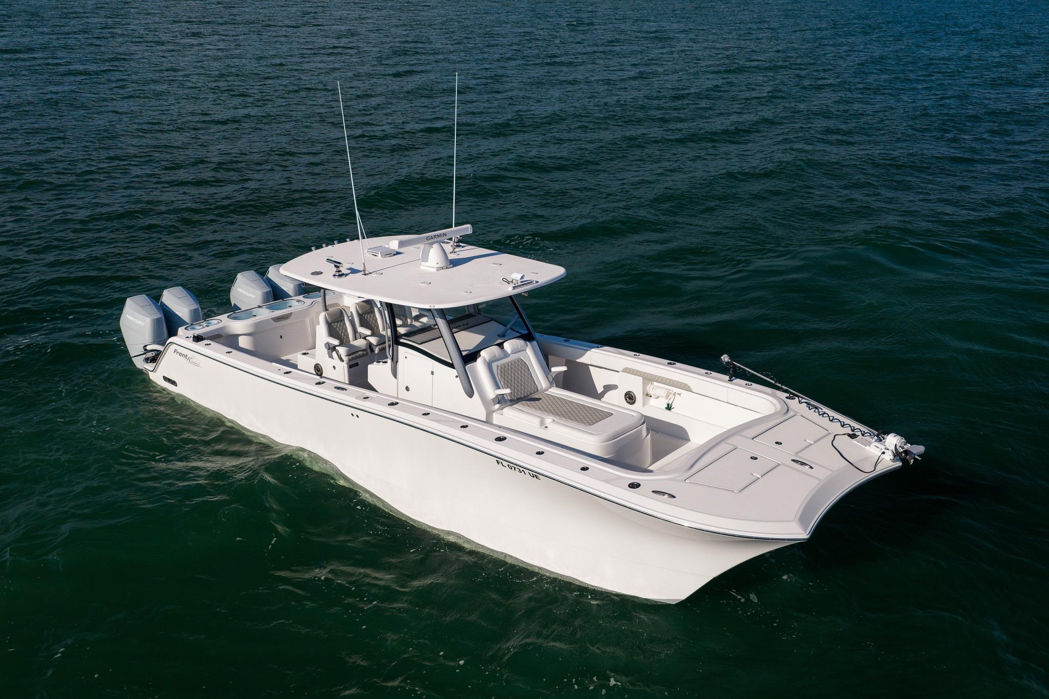 2026 Front Runner 37 Catamaran on open water, showcasing sleek design and powerful engines.