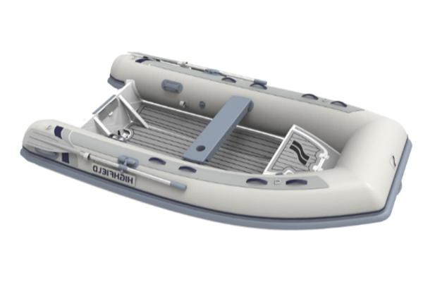 2025 Highfield Classic 340 inflatable boat, gray and blue design, top view.