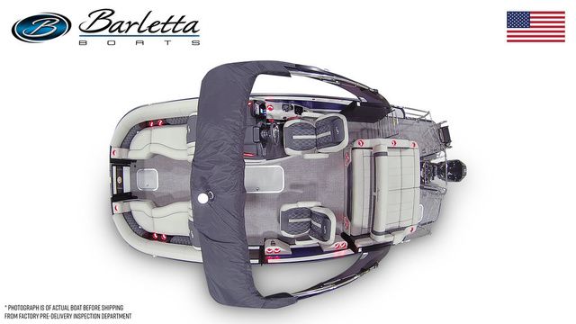 Top view of 2026 Barletta Lusso 23UCA boat with seating and canopy.