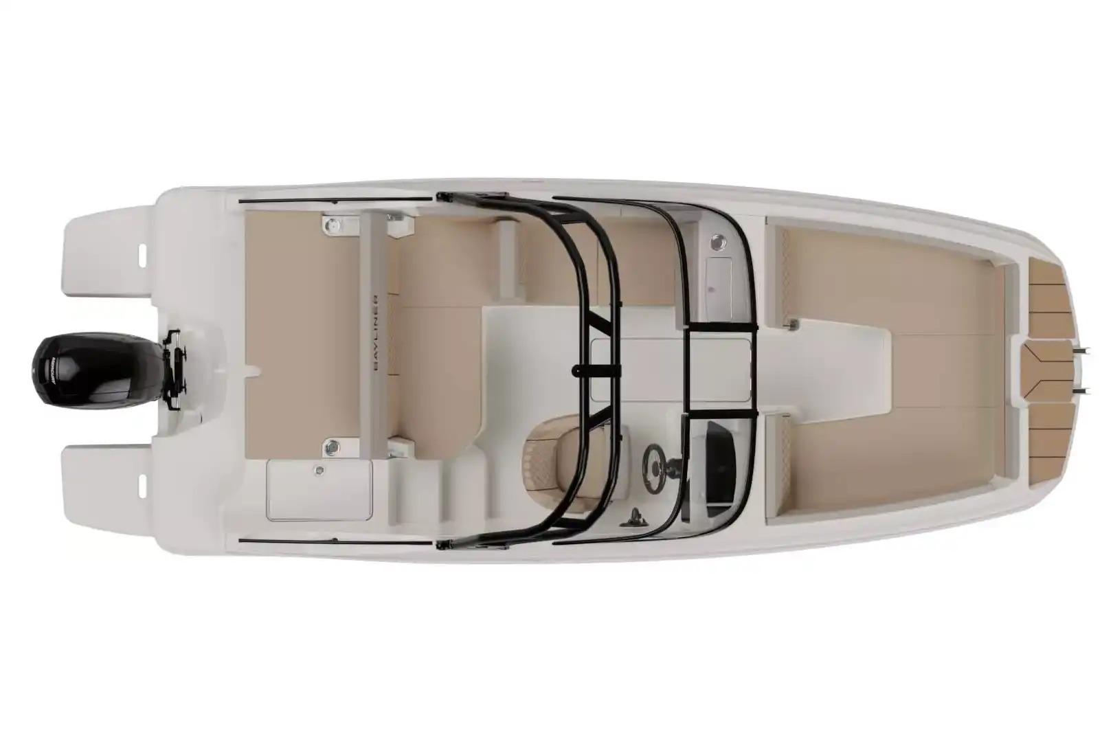 Manufacturer Provided Image: Top view of 2026 Bayliner D20 boat with seating and steering console.