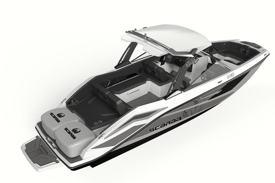 2026 Scarab 285 LX Wake boat, sleek design, spacious interior, modern features.