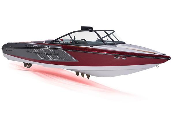 Manufacturer Provided Image: 2016 Nautique Ski Nautique 200 Closed Bow boat, red and white, side view.