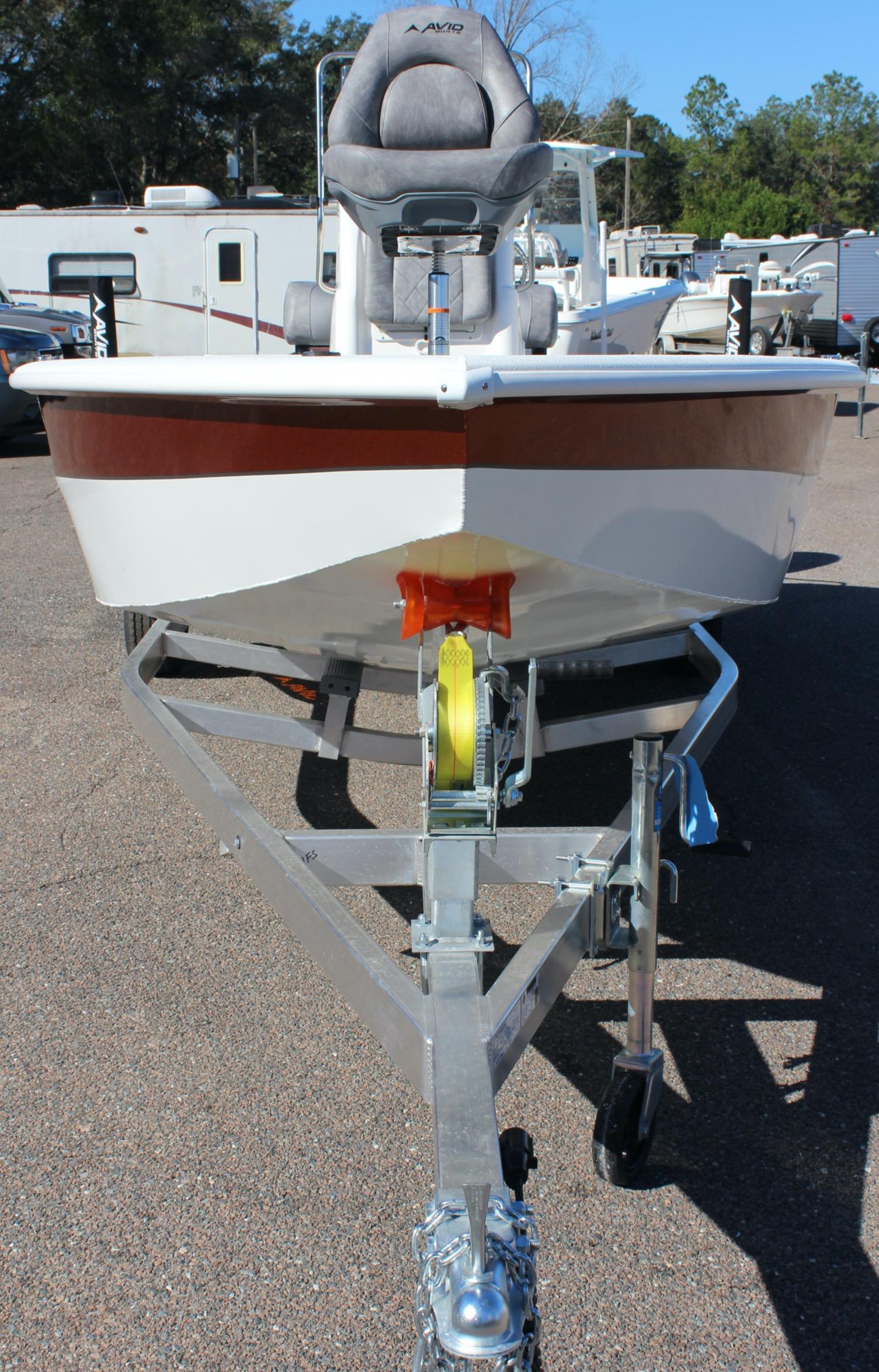 2023 Avid 21 Mag boat on trailer, front view.