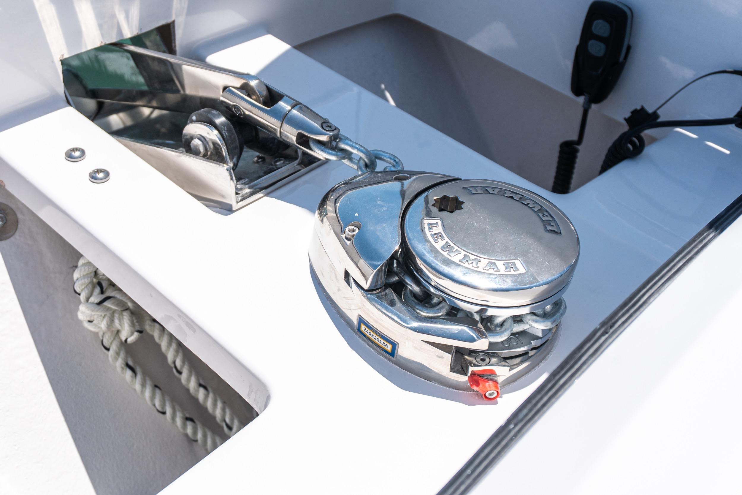 Anchor winch on 2026 Twin Vee 400 GFX2 CC boat deck.